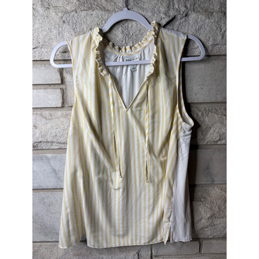 Ava & Viv Womens Yellow White Striped Ruffle Neck Sleeveless Top Size‎ X 0504